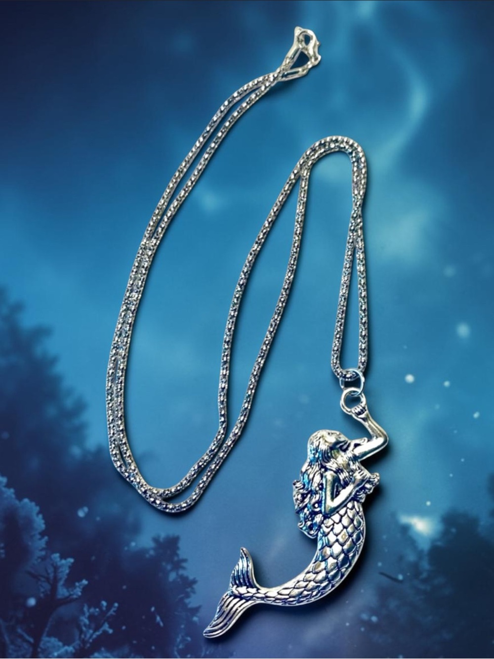 Sterling Silver-Tone Mermaid Pendant Necklace - Silver. Handmade - Picture 7 of 9